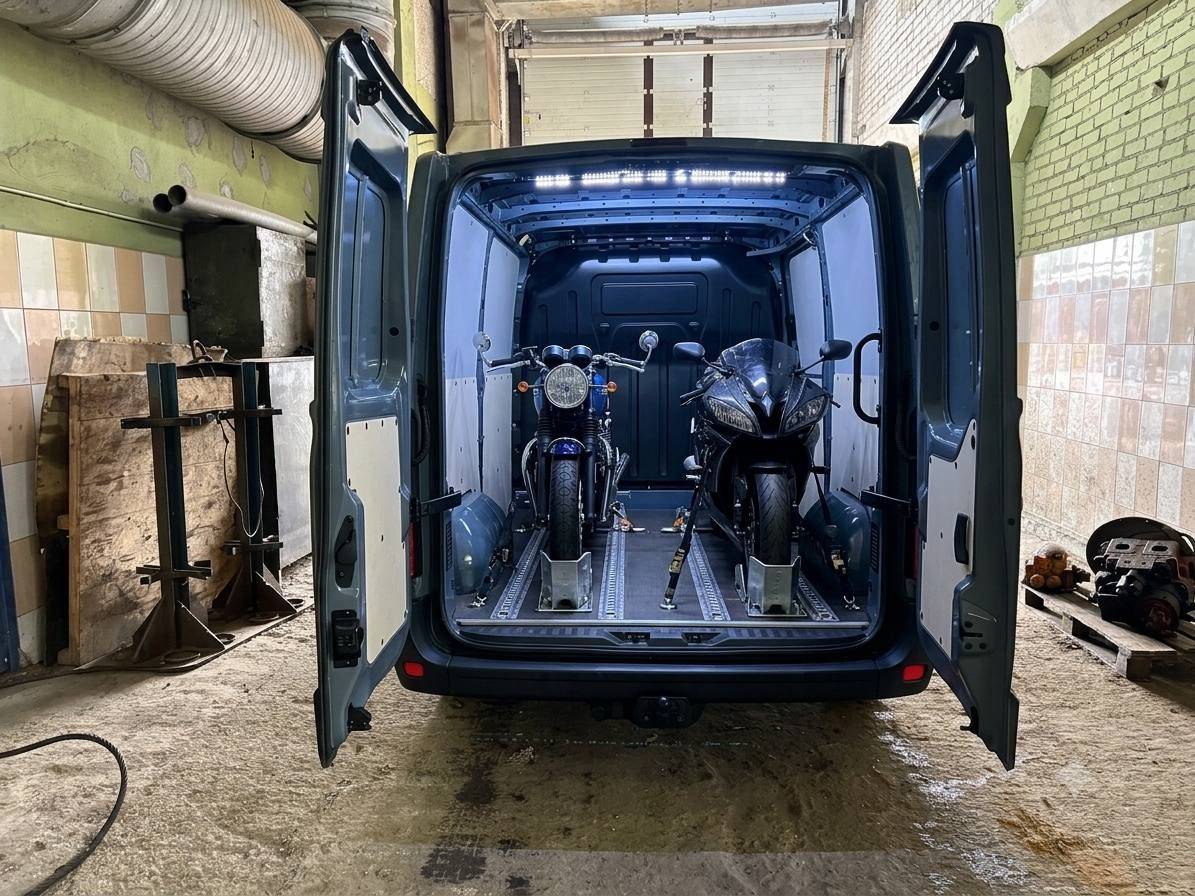 Перевозка мотоциклов в грузовом фургоне Renault Master — надежная фиксация стяжными ремнями